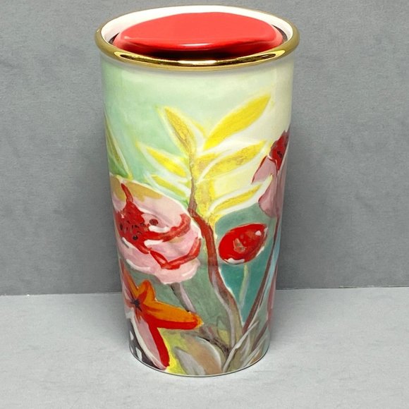 Starbucks 2014 Watercolor Floral 10 oz Ceramic Traveler Tumbler Mug Red Lid - Picture 5 of 12